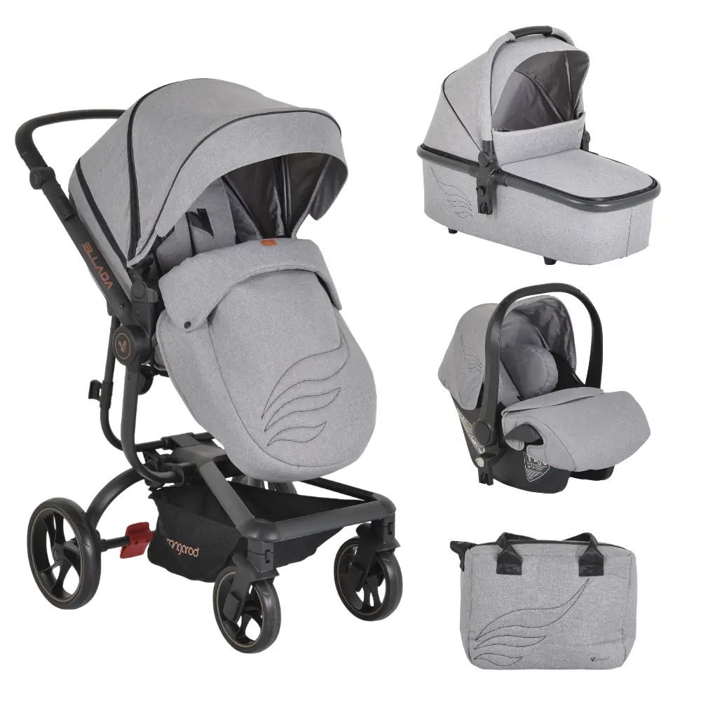 Ellada 3u1 iSize Grey kolica za bebe sa reverzibilnim sedištem, ravnom korpom, UV nadstrešnicom, laganim ramom i i-Size auto-sedištem 40–87 cm.
