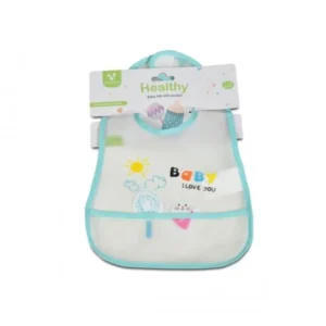 Plava nepromočiva portikla Healthy za bebe sa džepom za hvatanje hrane, izrađena od EVA materijala.