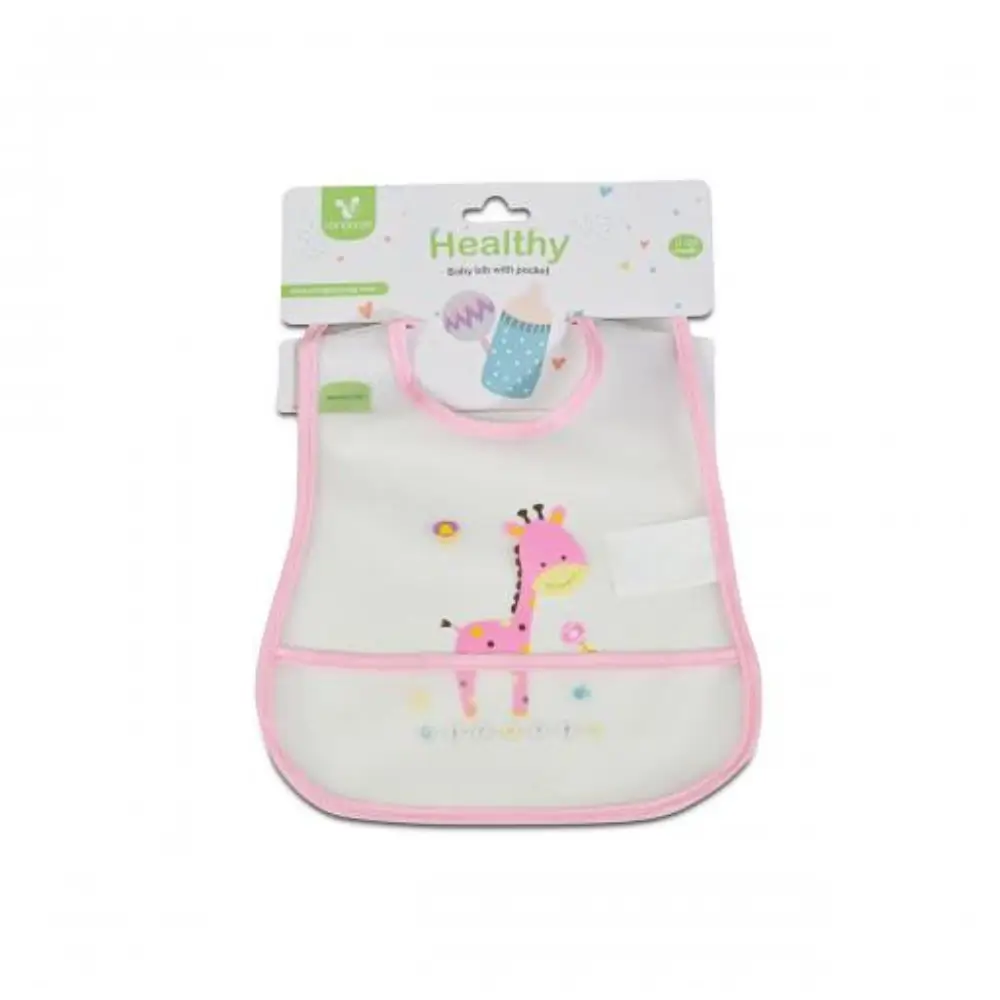Roze nepromočiva portikla Healthy za bebe sa džepom na dnu za hvatanje hrane.