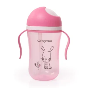 Roze šolja za bebe Bunny od 300 ml sa silikonskom slamkom, ergonomskim ručkama i zaštitnim rotirajućim poklopcem, sa ilustracijom zeke.
