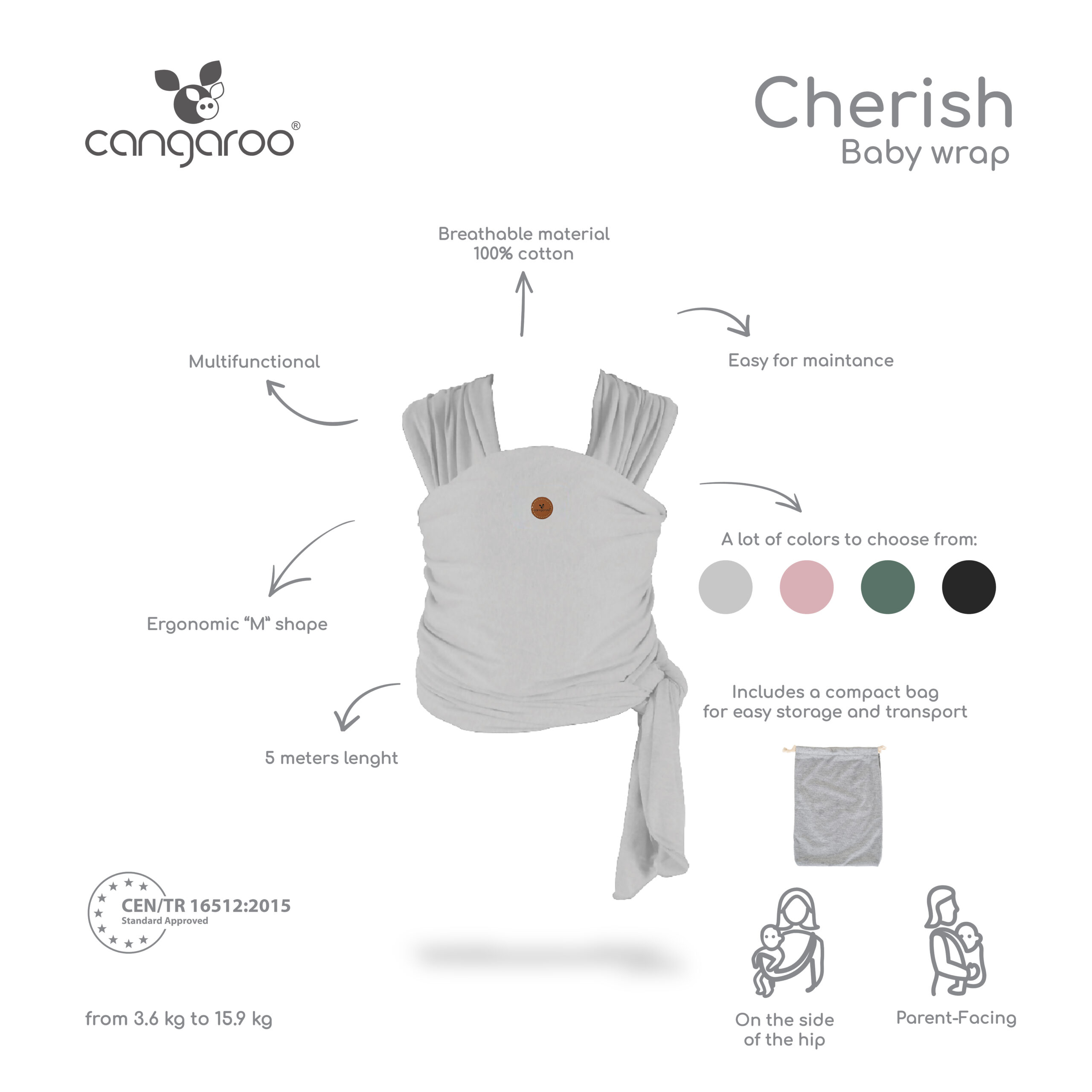 Marama za nošenje bebe Cherish - Gray - Slika 3